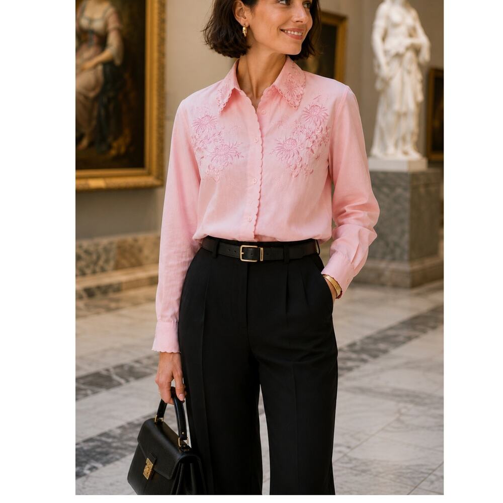 Vintage Pink Floral Embroidered Scalloped Trim Button Front Blouse size Medium - Picture 9 of 12
